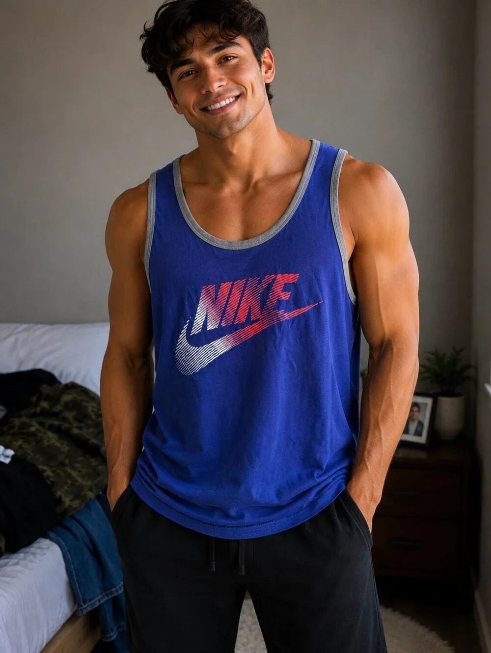 Nike Men's Blue Athletic Cut Tank Top Size Large, 100% Cotton, Very Good